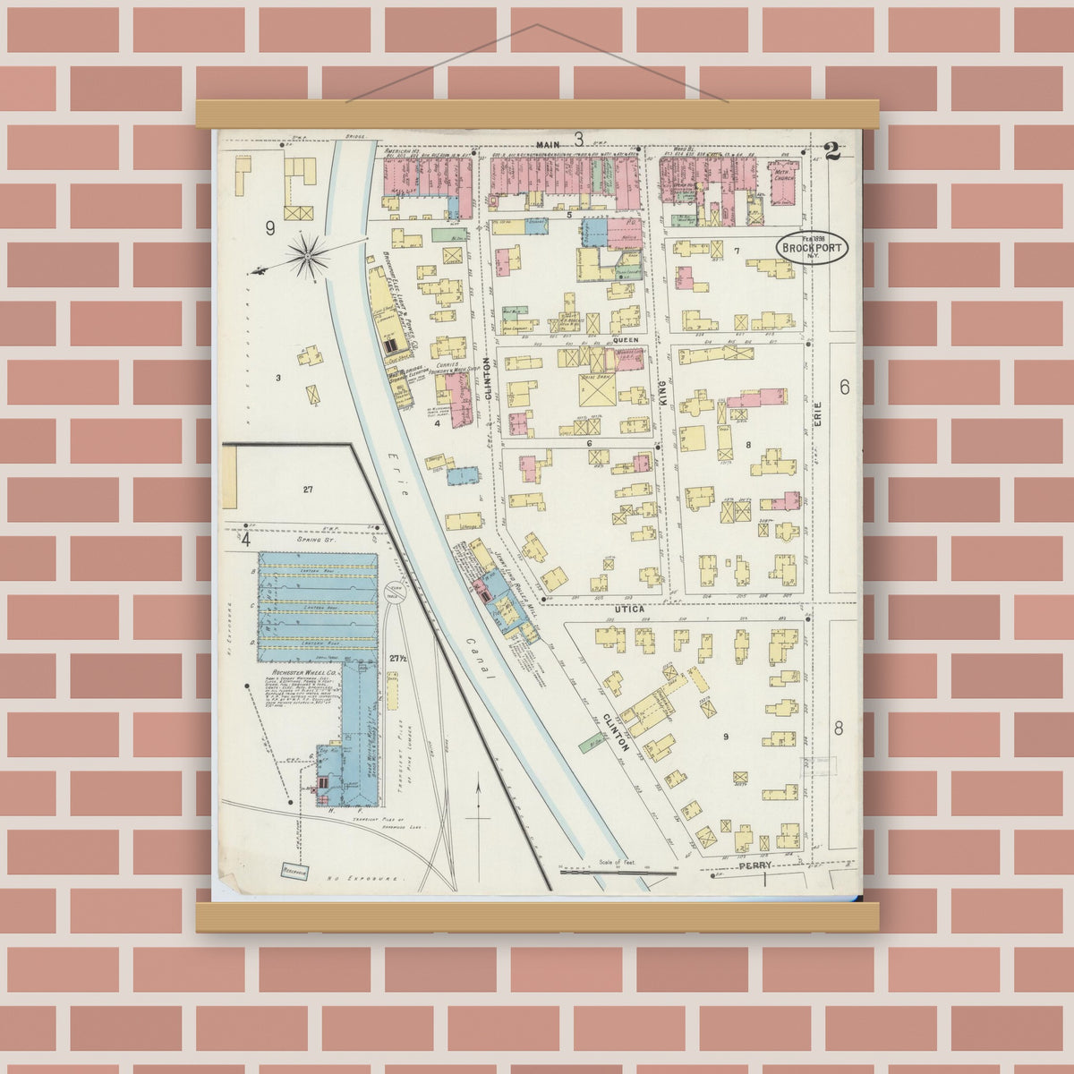 Old map wall art mockup — magnetic wood frame on brick wall — Sanborn Fire Insurance Map from Brockport, Monroe County, New York (1898), Sheet #0002