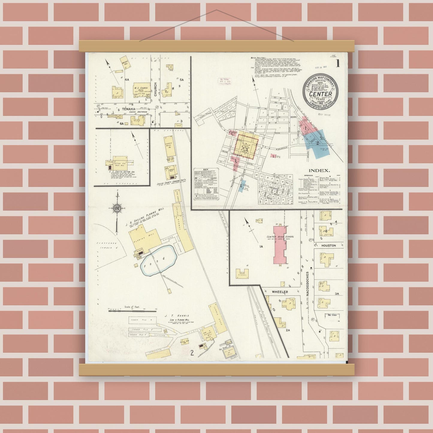 Old map wall art mockup — magnetic wood frame on brick wall — Sanborn Fire Insurance Map from Center, Shelby County, Texas (1912), Sheet #0001