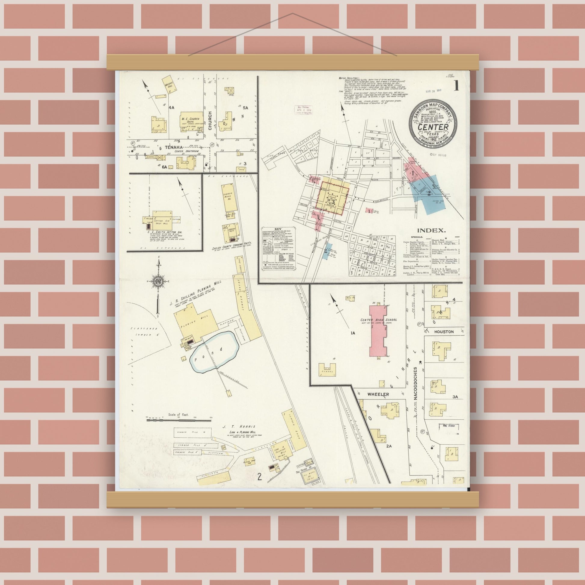Old map wall art mockup — magnetic wood frame on brick wall — Sanborn Fire Insurance Map from Center, Shelby County, Texas (1912), Sheet #0001