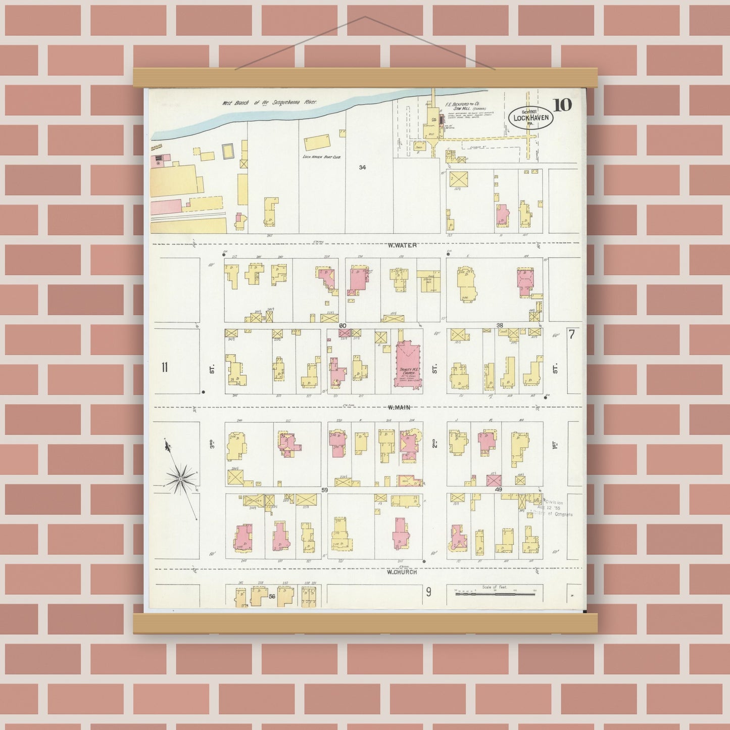 Old map wall art mockup — magnetic wood frame on brick wall — Sanborn Fire Insurance Map from Lock Haven, Clinton County, Pennsylvania (1901), Sheet #0010