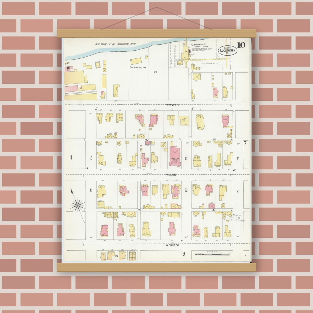 Old map wall art mockup — magnetic wood frame on brick wall — Sanborn Fire Insurance Map from Lock Haven, Clinton County, Pennsylvania (1901), Sheet #0010