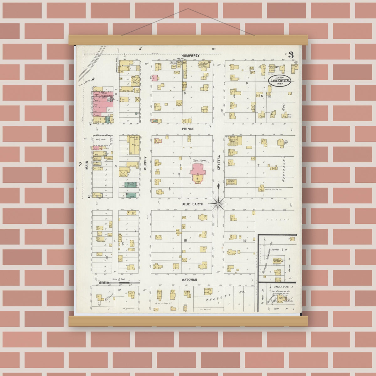 Old map wall art mockup — magnetic wood frame on brick wall — Sanborn Fire Insurance Map from Lake Crystal, Blue Earth County, Minnesota (1900), Sheet #0003