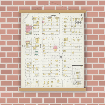 Old map wall art mockup — magnetic wood frame on brick wall — Sanborn Fire Insurance Map from Lake Crystal, Blue Earth County, Minnesota (1900), Sheet #0003