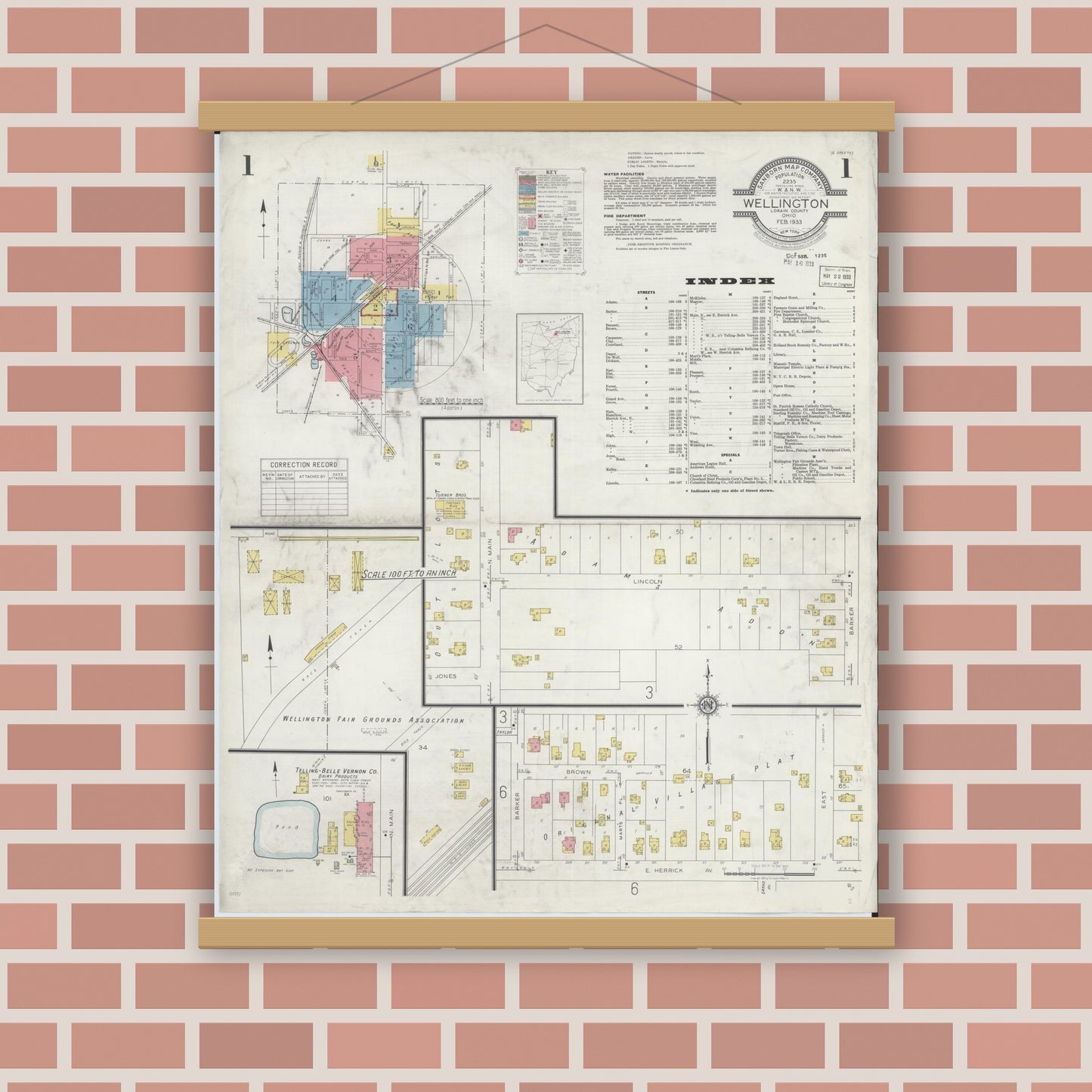 Old map wall art mockup — magnetic wood frame on brick wall — Sanborn Fire Insurance Map from Wellington, Lorain County, Ohio (1933) - Complete Map Set