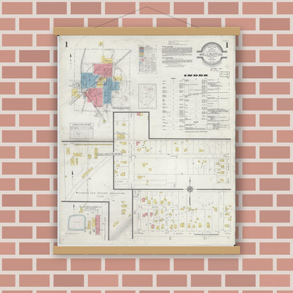 Old map wall art mockup — magnetic wood frame on brick wall — Sanborn Fire Insurance Map from Wellington, Lorain County, Ohio (1933) - Complete Map Set