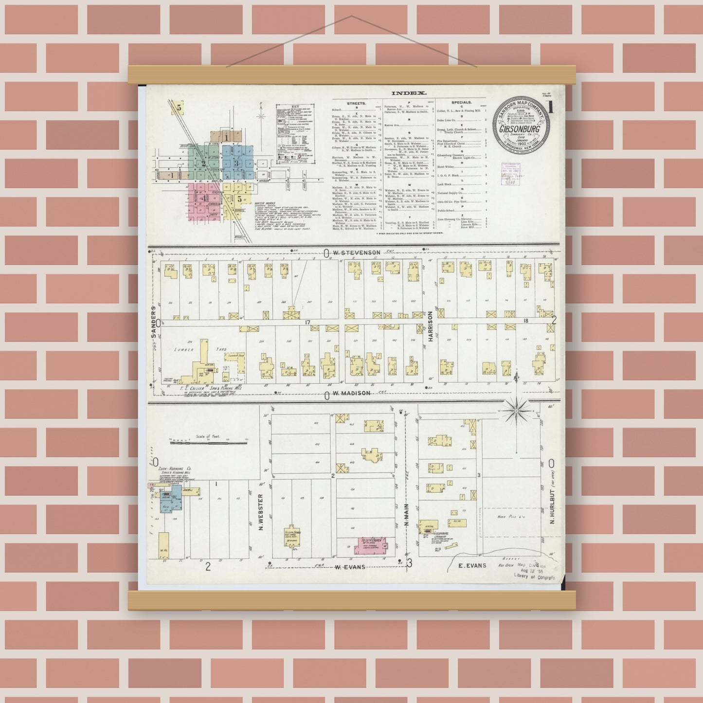 Old map wall art mockup — magnetic wood frame on brick wall — Sanborn Fire Insurance Map from Gibsonburg, Sandusky County, Ohio (1902), Sheet #0001