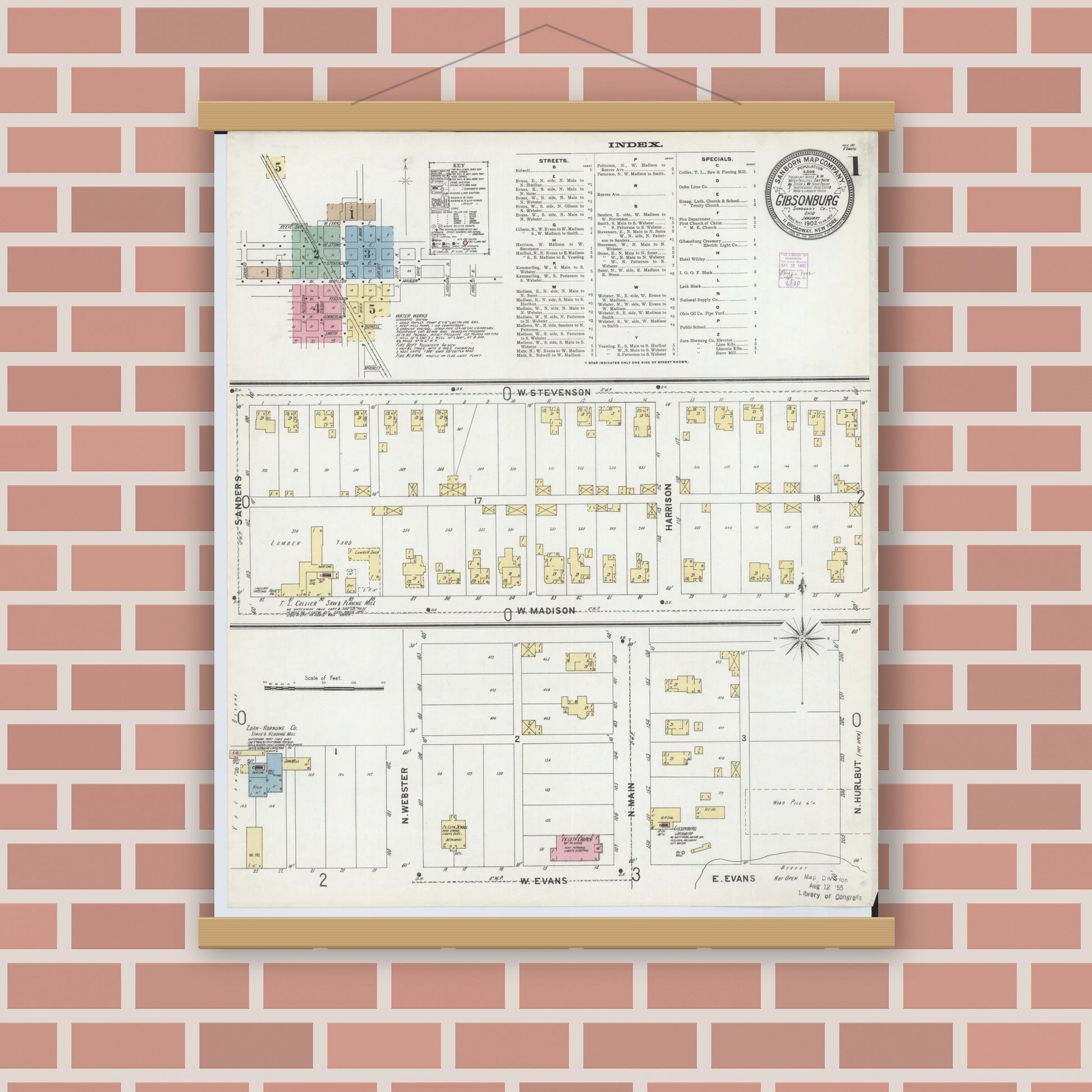 Old map wall art mockup — magnetic wood frame on brick wall — Sanborn Fire Insurance Map from Gibsonburg, Sandusky County, Ohio (1902), Sheet #0001