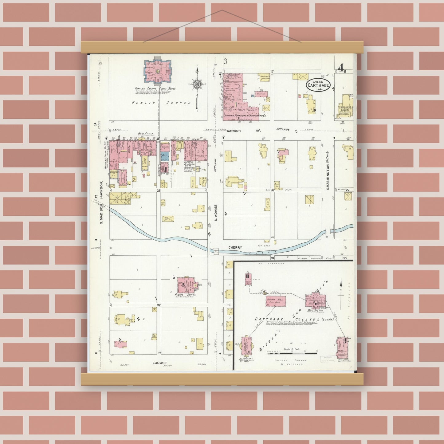 Old map wall art mockup — magnetic wood frame on brick wall — Sanborn Fire Insurance Map from Carthage, Hancock County, Illinois (1912), Sheet #0004
