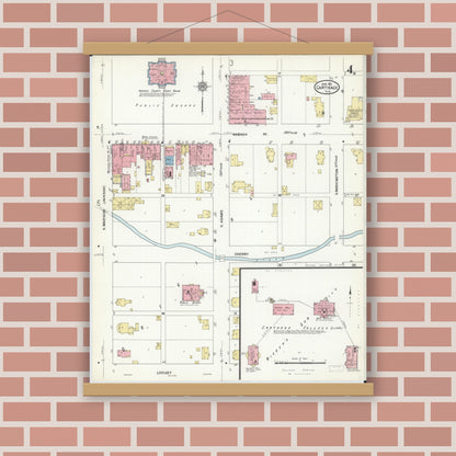 Old map wall art mockup — magnetic wood frame on brick wall — Sanborn Fire Insurance Map from Carthage, Hancock County, Illinois (1912), Sheet #0004