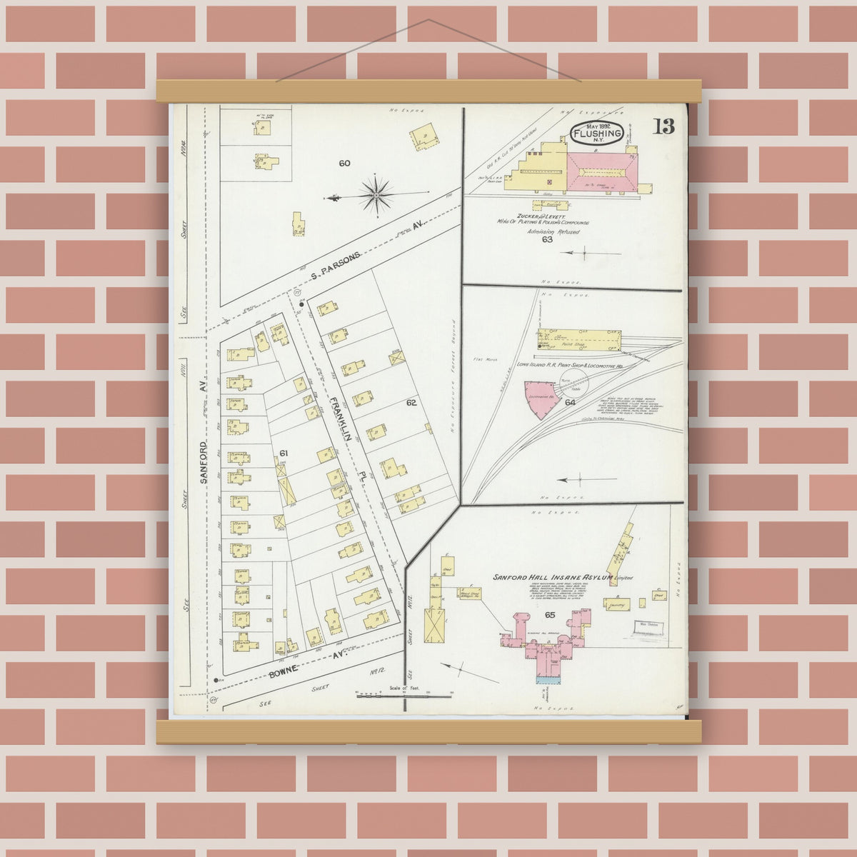 Old map wall art mockup — magnetic wood frame on brick wall — Sanborn Fire Insurance Map from Flushing, Queens County, New York (1892), Sheet #0013