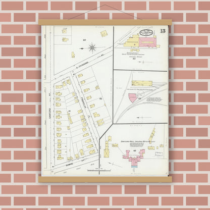 Old map wall art mockup — magnetic wood frame on brick wall — Sanborn Fire Insurance Map from Flushing, Queens County, New York (1892), Sheet #0013