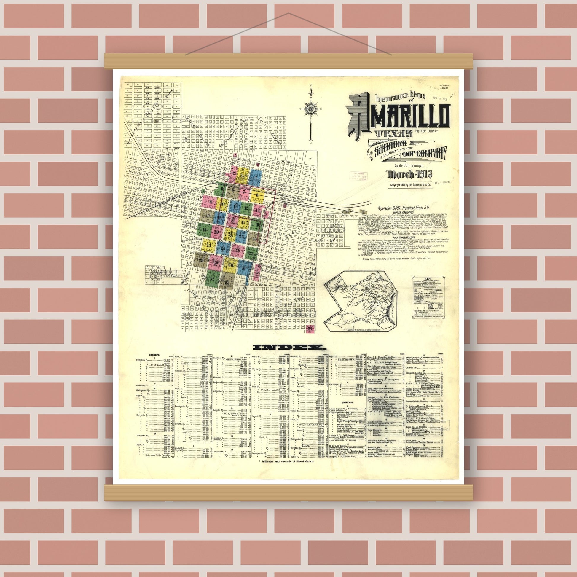 Old map wall art mockup — magnetic wood frame on brick wall — Sanborn Fire Insurance Map from Amarillo, Potter County, Texas (1913), Sheet #0001