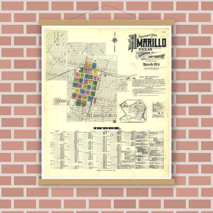 Old map wall art mockup — magnetic wood frame on brick wall — Sanborn Fire Insurance Map from Amarillo, Potter County, Texas (1913), Sheet #0001