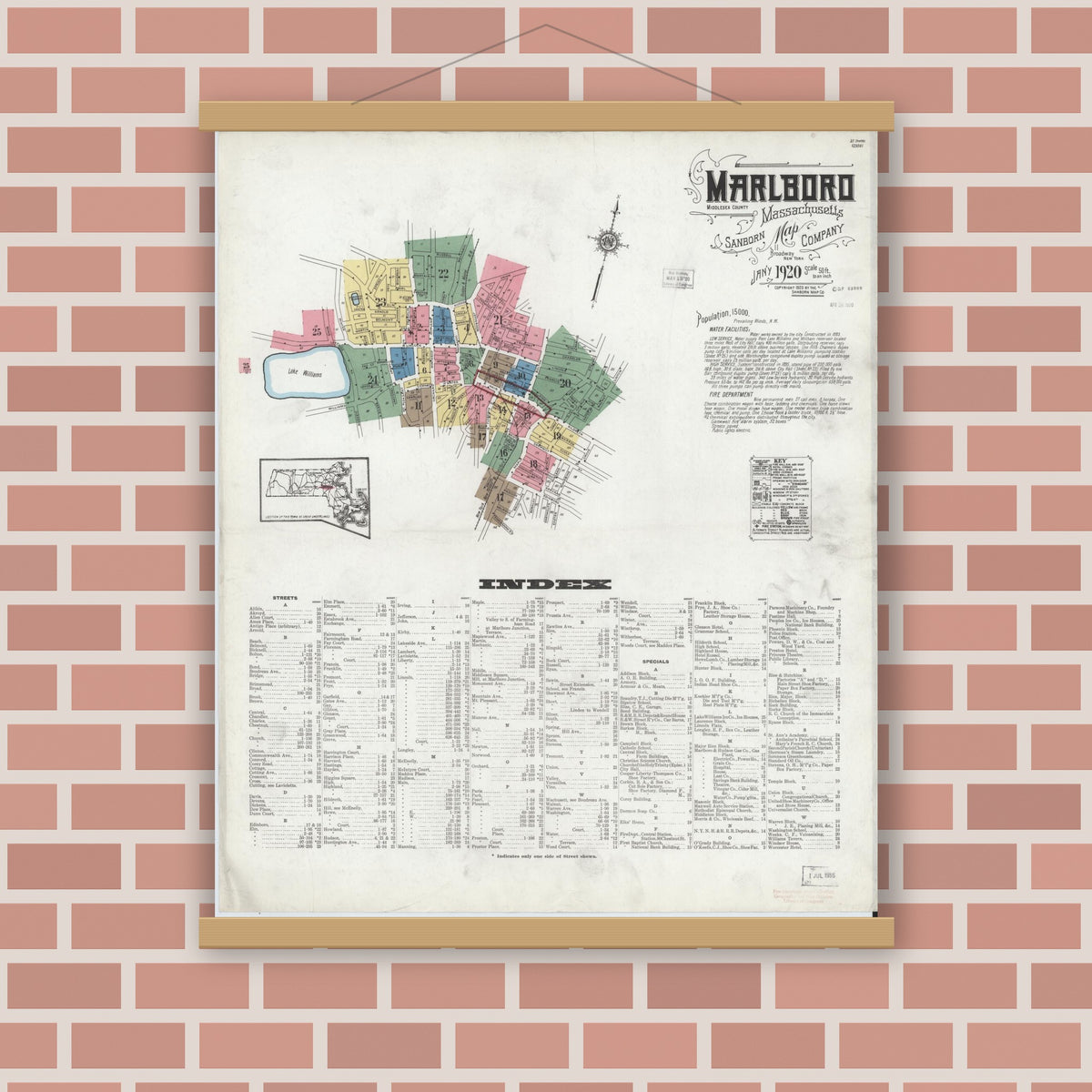 Old map wall art mockup — magnetic wood frame on brick wall — Sanborn Fire Insurance Map from Marlborough, Middlesex County, Massachusetts (1920), Sheet #0001