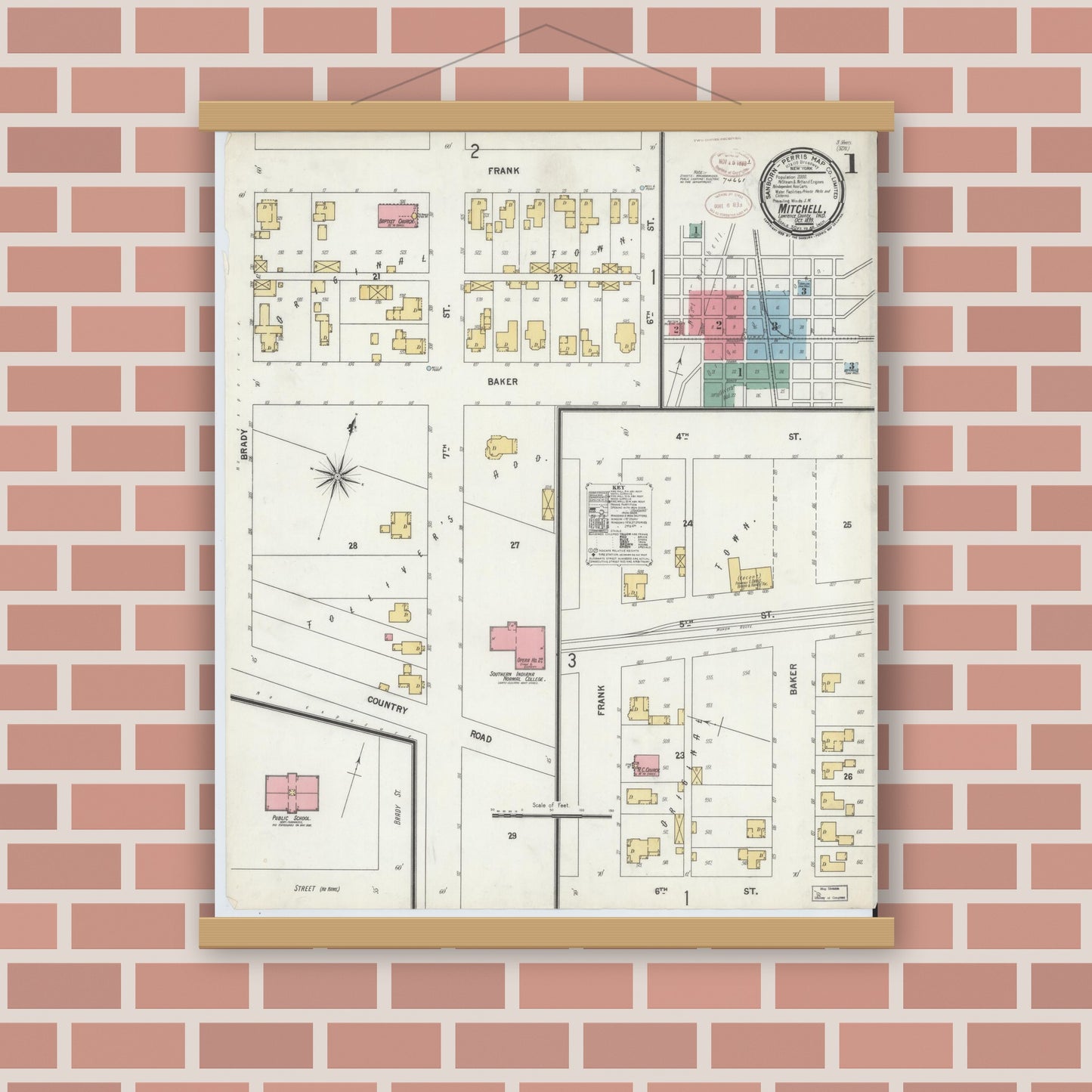 Old map wall art mockup — magnetic wood frame on brick wall — Sanborn Fire Insurance Map from Mitchell, Lawrence County, Indiana (1899) - Complete Map Set