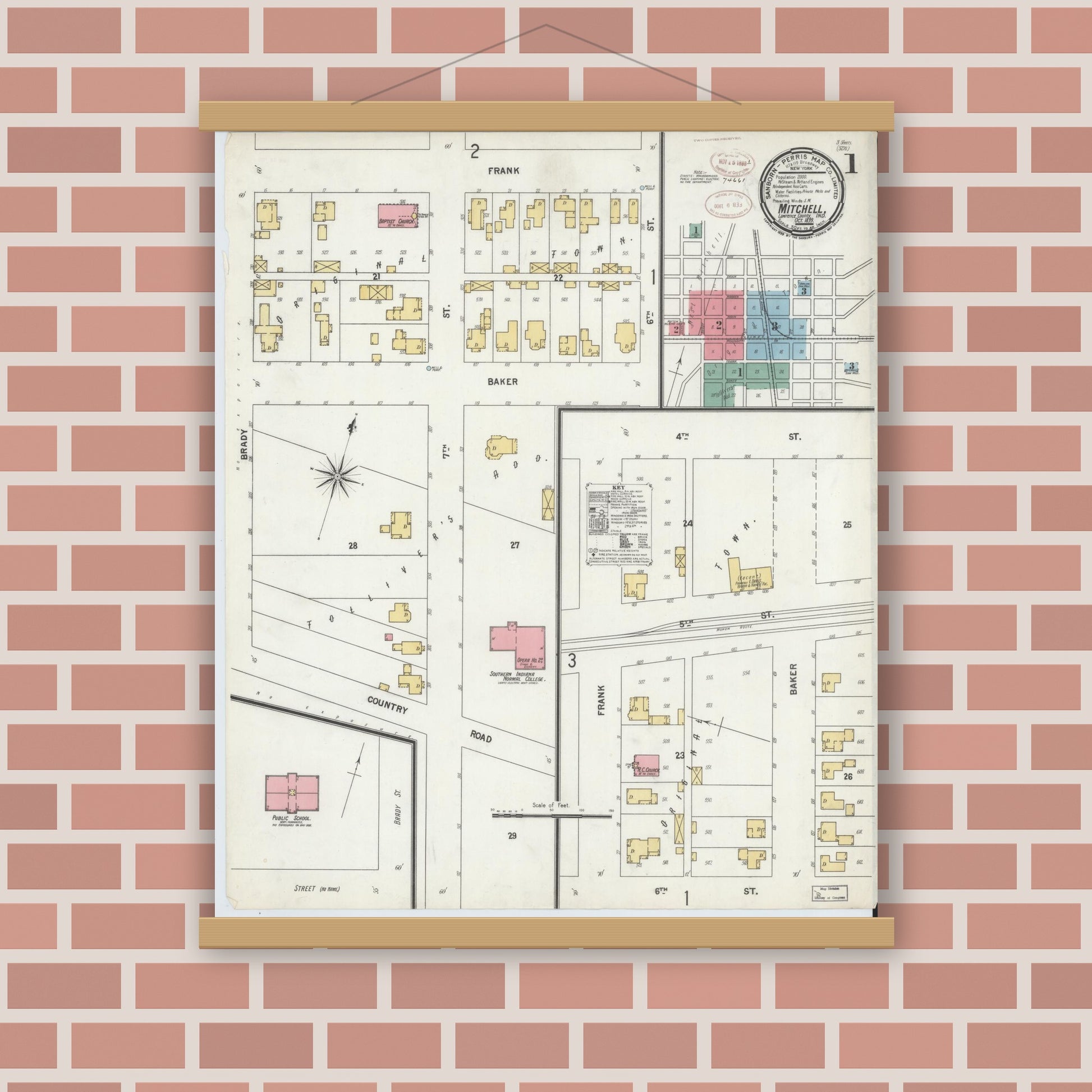 Old map wall art mockup — magnetic wood frame on brick wall — Sanborn Fire Insurance Map from Mitchell, Lawrence County, Indiana (1899) - Complete Map Set