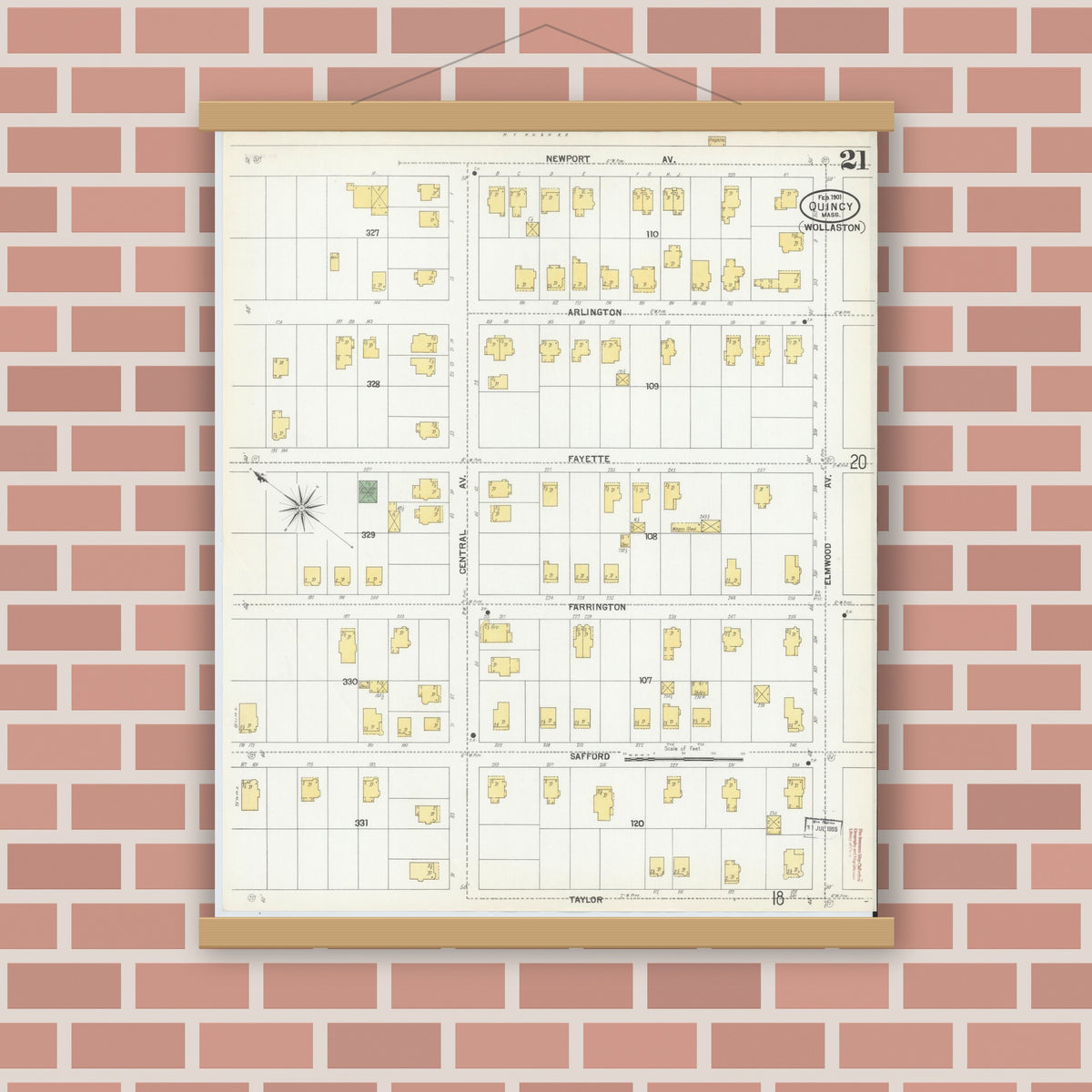 Old map wall art mockup — magnetic wood frame on brick wall — Sanborn Fire Insurance Map from Quincy, Norfolk County, Massachusetts (1901), Sheet #0021