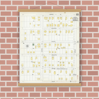 Old map wall art mockup — magnetic wood frame on brick wall — Sanborn Fire Insurance Map from Quincy, Norfolk County, Massachusetts (1901), Sheet #0021