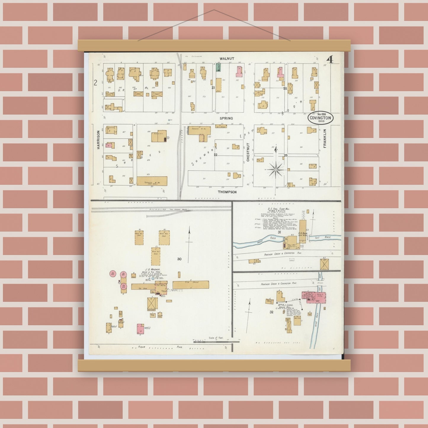 Old map wall art mockup — magnetic wood frame on brick wall — Sanborn Fire Insurance Map from Covington, Miami County, Ohio (1899), Sheet #0004