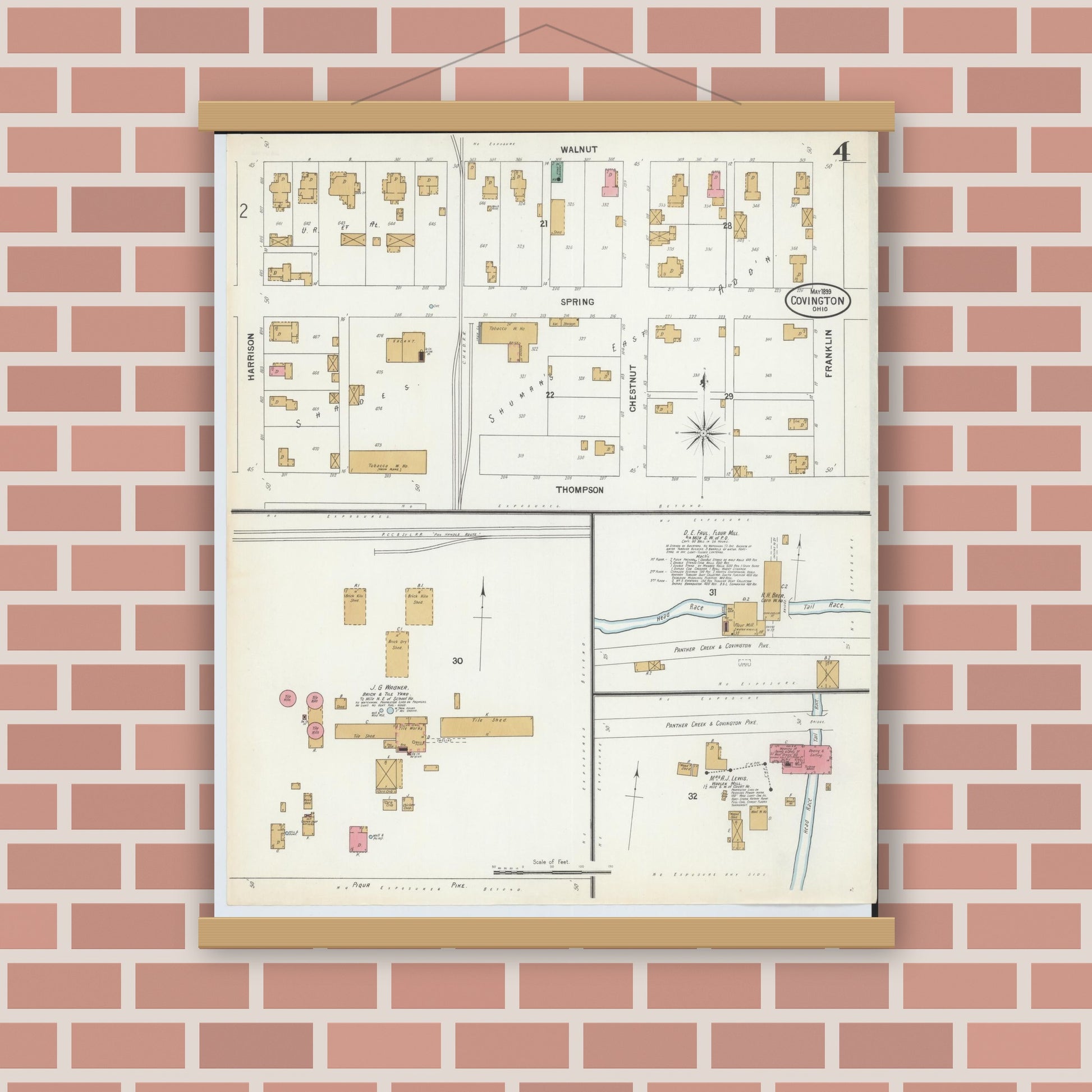 Old map wall art mockup — magnetic wood frame on brick wall — Sanborn Fire Insurance Map from Covington, Miami County, Ohio (1899), Sheet #0004