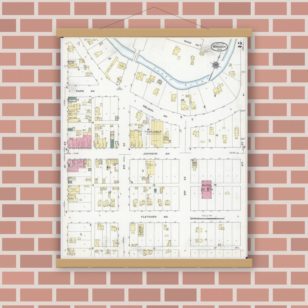 Old map wall art mockup — magnetic wood frame on brick wall — Sanborn Fire Insurance Map from Warren, Marshall County, Minnesota (1909), Sheet #0002