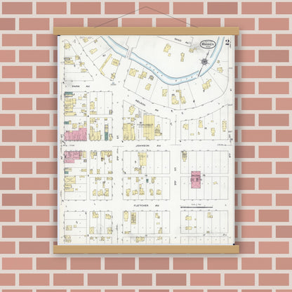 Old map wall art mockup — magnetic wood frame on brick wall — Sanborn Fire Insurance Map from Warren, Marshall County, Minnesota (1909), Sheet #0002