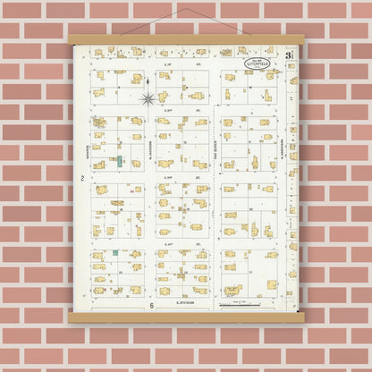 Old map wall art mockup — magnetic wood frame on brick wall — Sanborn Fire Insurance Map from Litchfield, Montgomery County, Illinois (1905), Sheet #0003