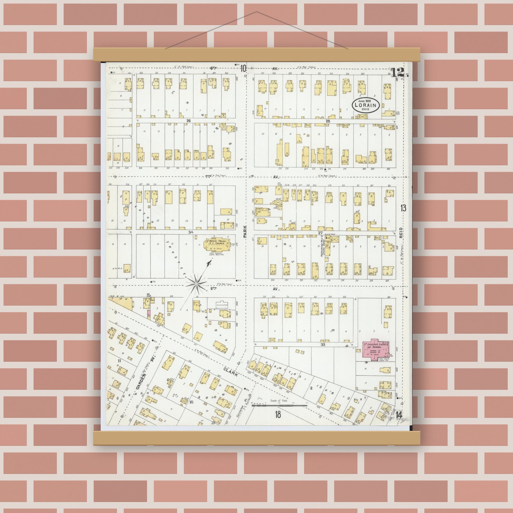 Old map wall art mockup — magnetic wood frame on brick wall — Sanborn Fire Insurance Map from Lorain, Lorain County, Ohio (1905), Sheet #0012