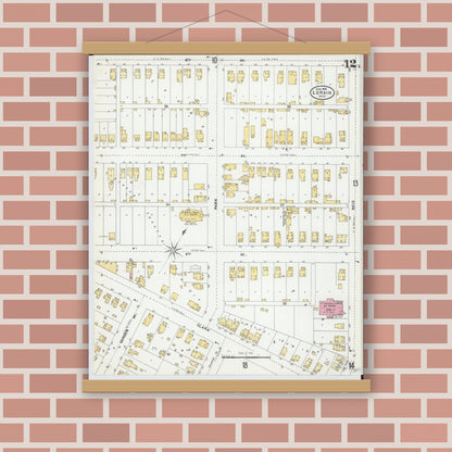 Old map wall art mockup — magnetic wood frame on brick wall — Sanborn Fire Insurance Map from Lorain, Lorain County, Ohio (1905), Sheet #0012
