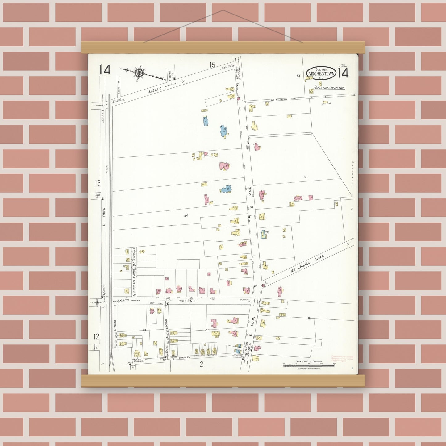 Old map wall art mockup — magnetic wood frame on brick wall — Sanborn Fire Insurance Map from Moorestown, Burlington County, New Jersey (1923), Sheet #0014