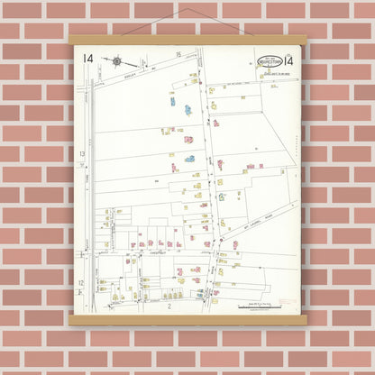 Old map wall art mockup — magnetic wood frame on brick wall — Sanborn Fire Insurance Map from Moorestown, Burlington County, New Jersey (1923), Sheet #0014