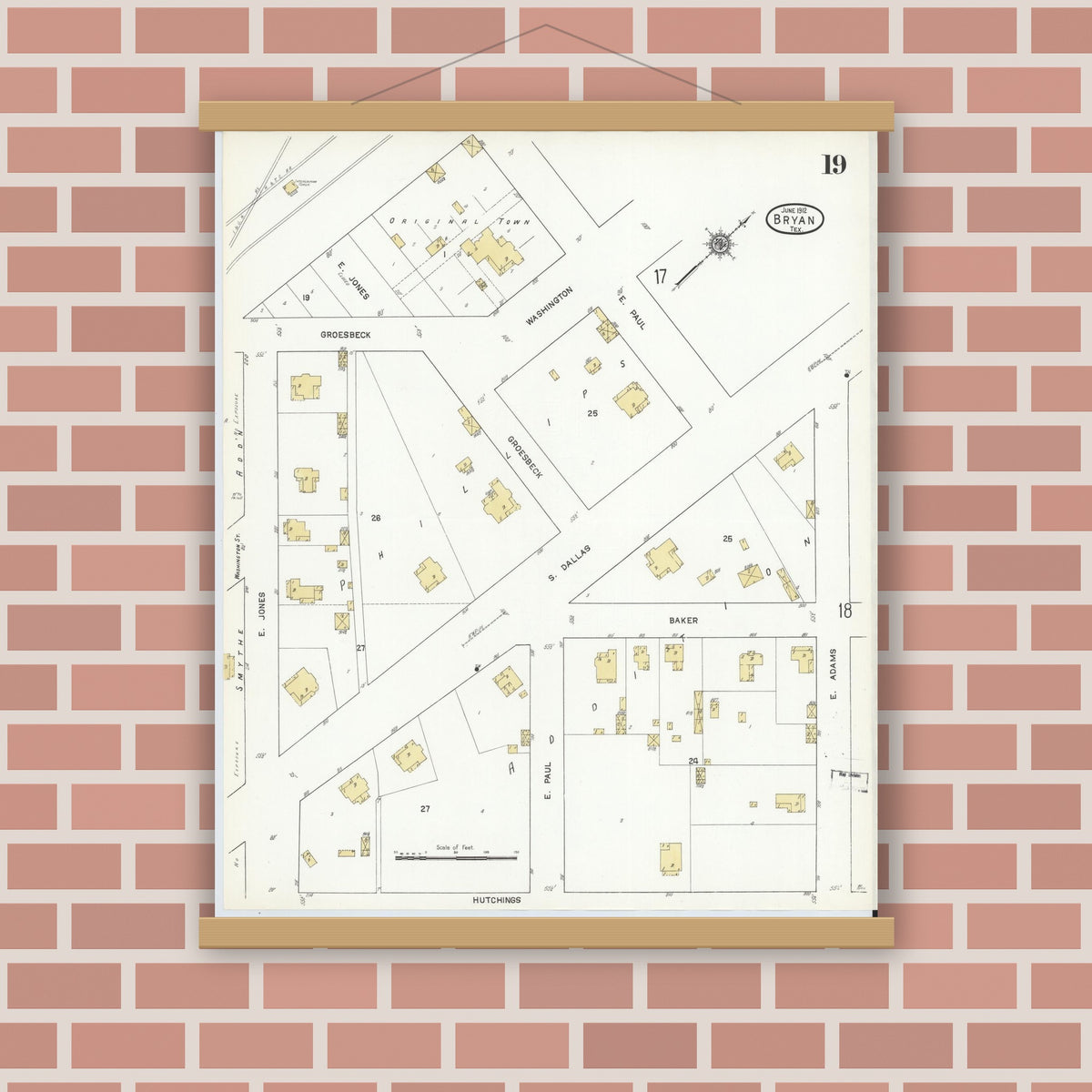 Old map wall art mockup — magnetic wood frame on brick wall — Sanborn Fire Insurance Map from Bryan, Brazos County, Texas (1912), Sheet #0019