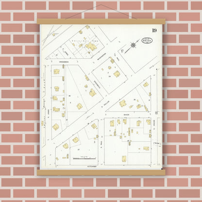 Old map wall art mockup — magnetic wood frame on brick wall — Sanborn Fire Insurance Map from Bryan, Brazos County, Texas (1912), Sheet #0019