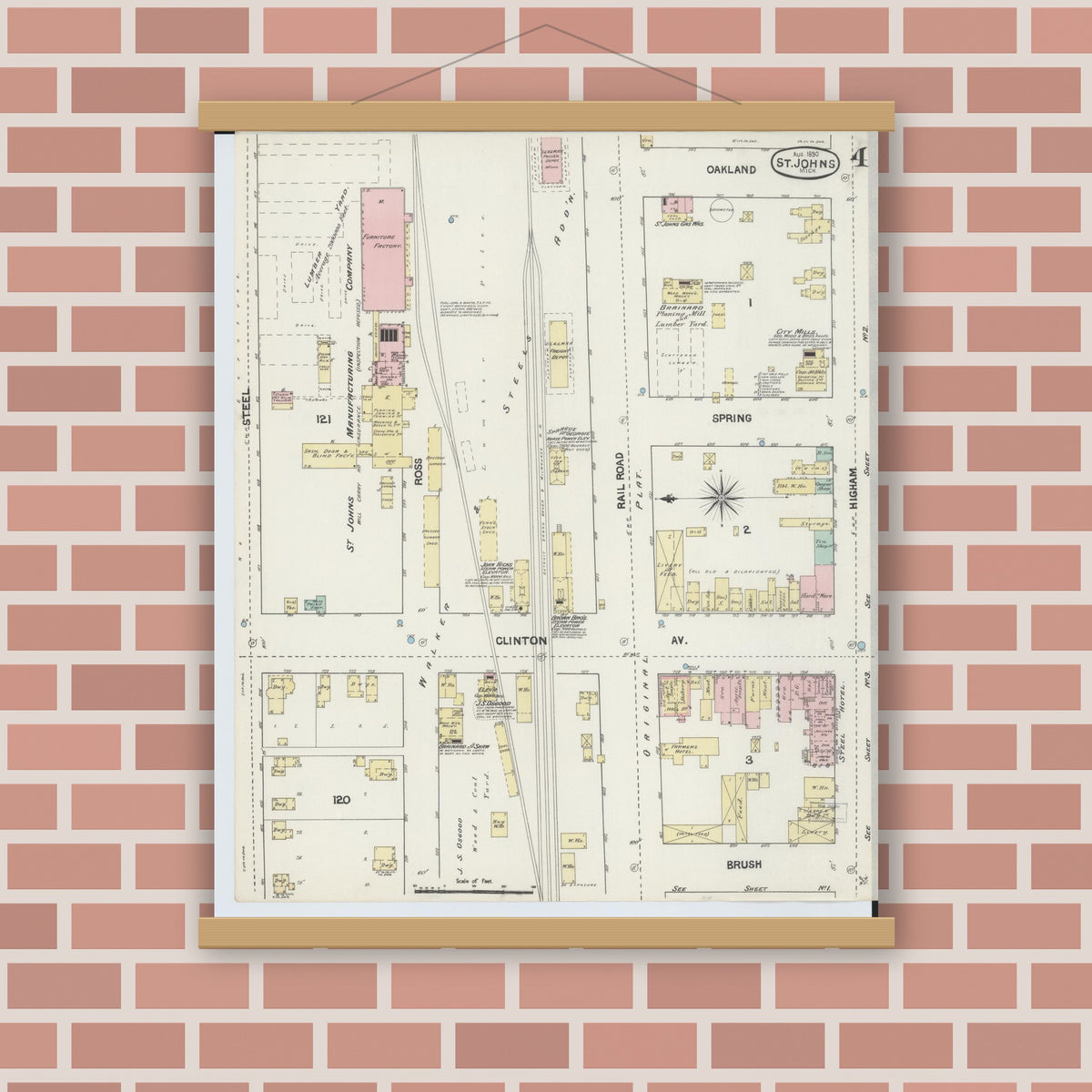 Old map wall art mockup — magnetic wood frame on brick wall — Sanborn Fire Insurance Map from Saint Johns, Clinton County, Michigan (1890), Sheet #0004