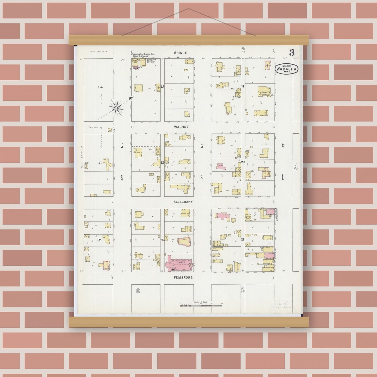 Old map wall art mockup — magnetic wood frame on brick wall — Sanborn Fire Insurance Map from Wabasha, Wabasha County, Minnesota (1895), Sheet #0003