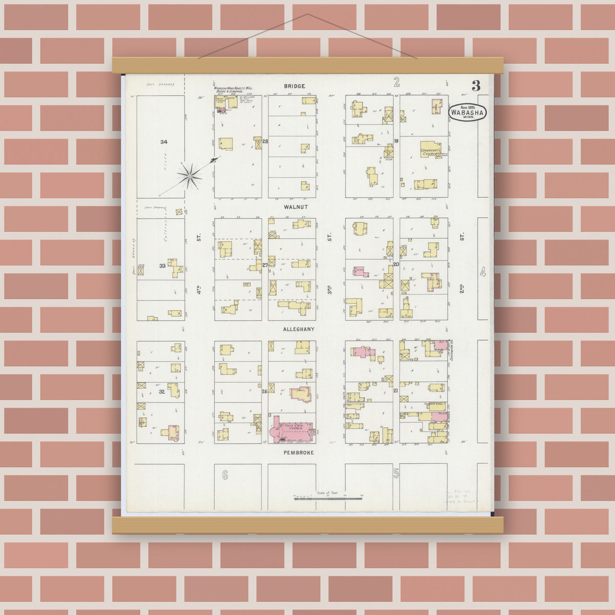 Old map wall art mockup — magnetic wood frame on brick wall — Sanborn Fire Insurance Map from Wabasha, Wabasha County, Minnesota (1895), Sheet #0003