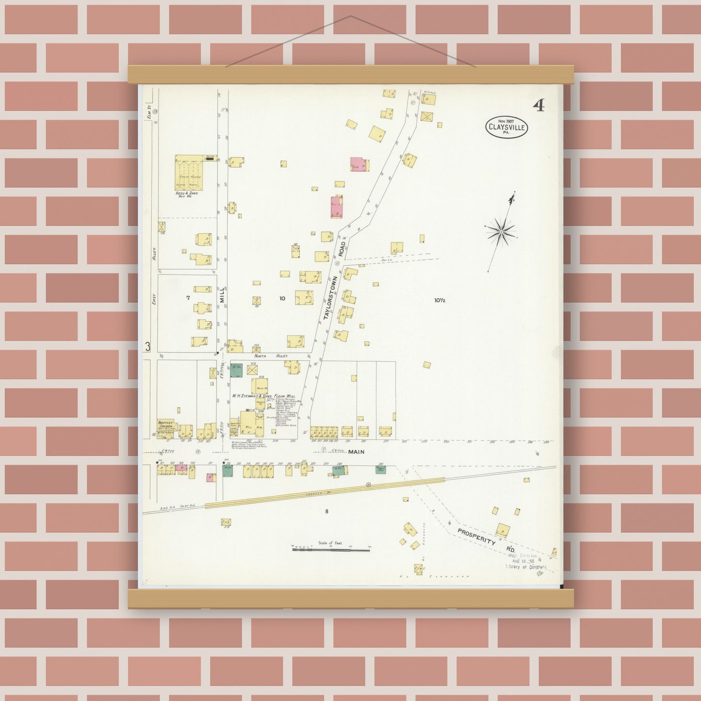 Old map wall art mockup — magnetic wood frame on brick wall — Sanborn Fire Insurance Map from Claysville, Washington County, Pennsylvania (1907), Sheet #0004