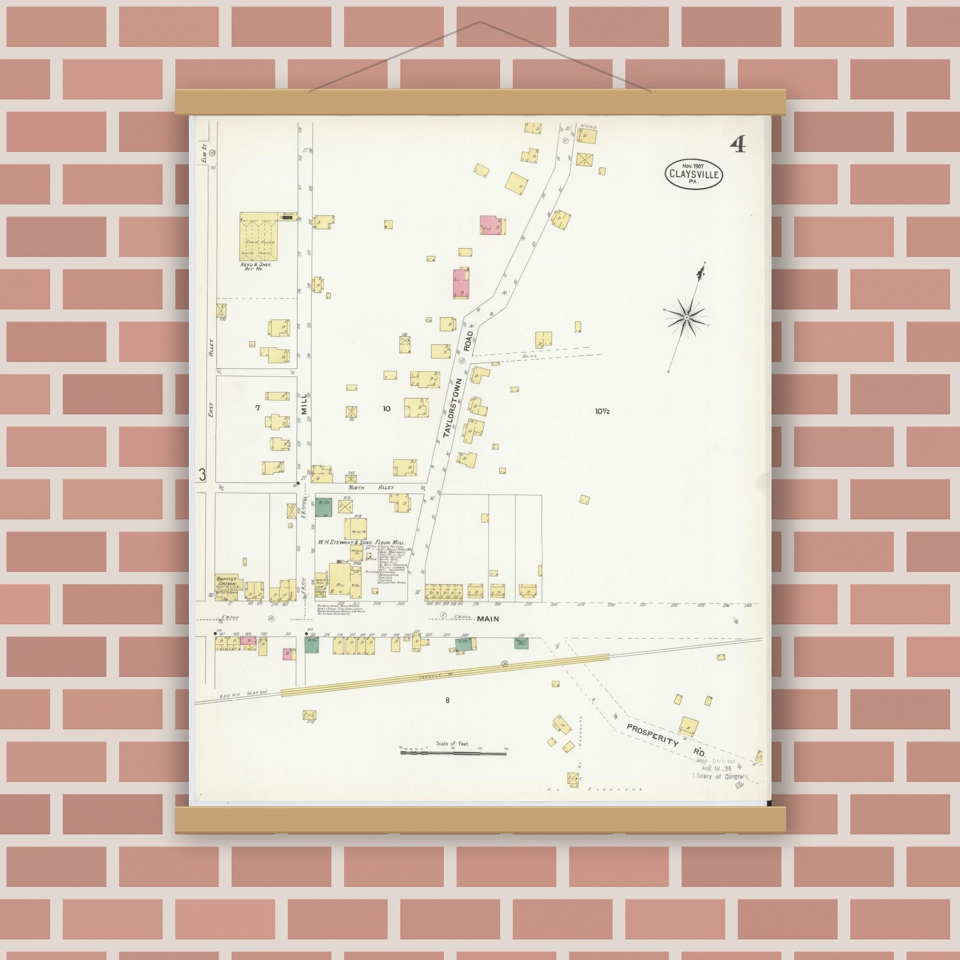 Old map wall art mockup — magnetic wood frame on brick wall — Sanborn Fire Insurance Map from Claysville, Washington County, Pennsylvania (1907), Sheet #0004