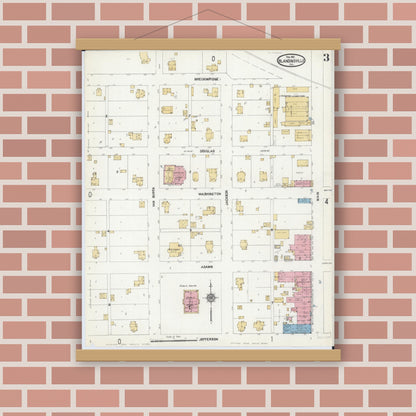 Old map wall art mockup — magnetic wood frame on brick wall — Sanborn Fire Insurance Map from Blandinsville, Mcdonough County, Illinois (1912), Sheet #0003