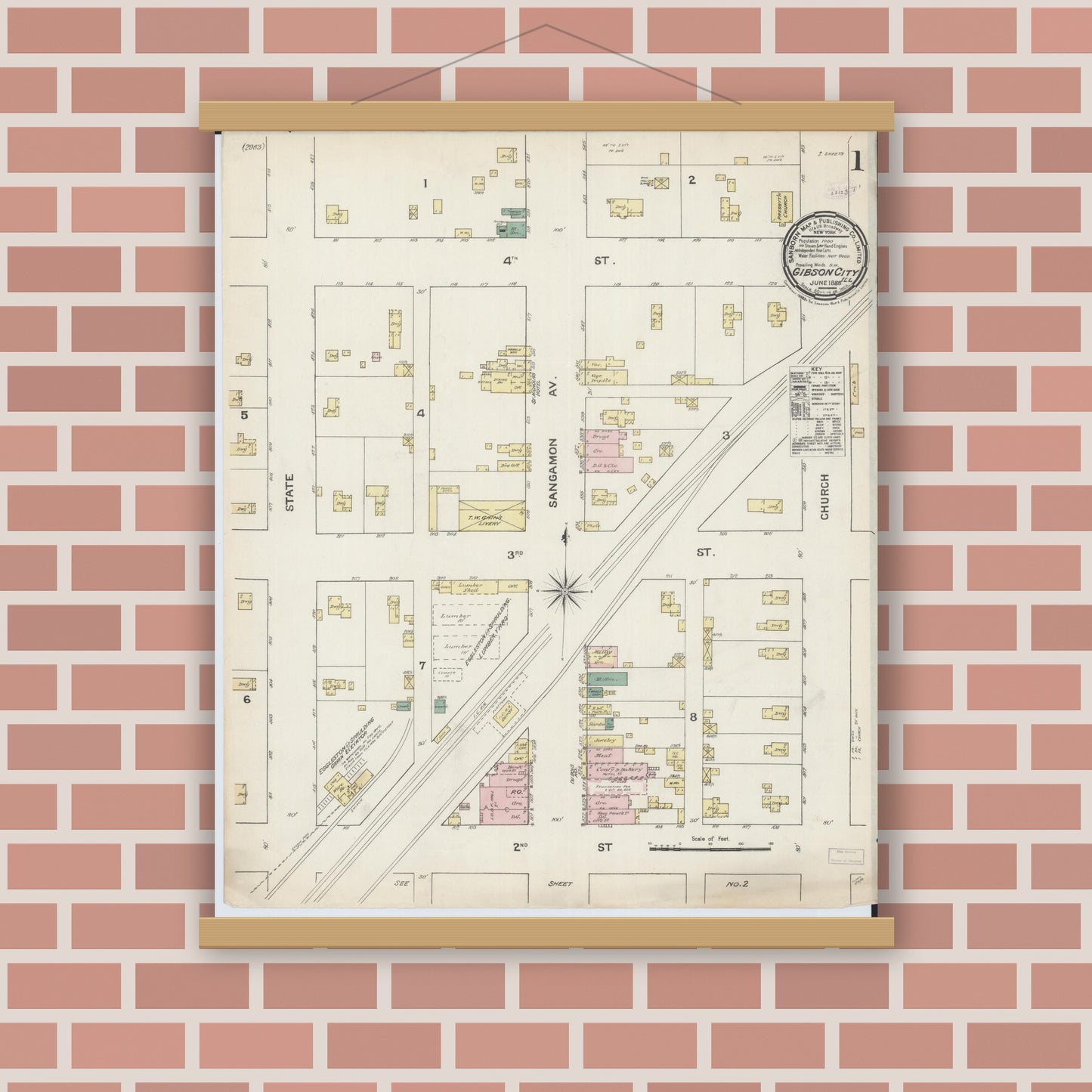 Old map wall art mockup — magnetic wood frame on brick wall — Sanborn Fire Insurance Map from Gibson City, Ford County, Illinois (1888), Sheet #0001
