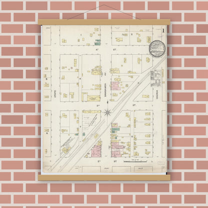 Old map wall art mockup — magnetic wood frame on brick wall — Sanborn Fire Insurance Map from Gibson City, Ford County, Illinois (1888), Sheet #0001