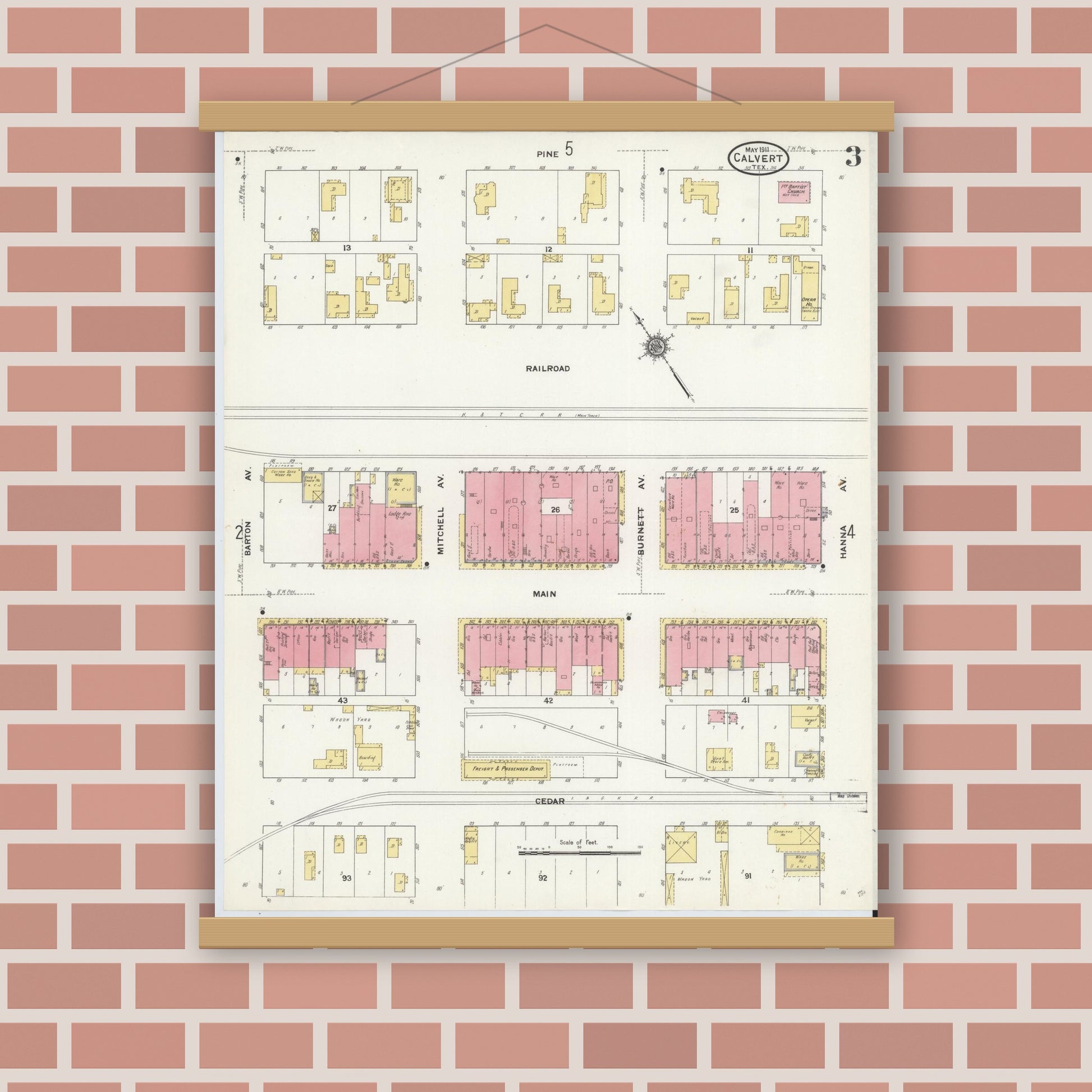 Old map wall art mockup — magnetic wood frame on brick wall — Sanborn Fire Insurance Map from Calvert, Robertson County, Texas (1911), Sheet #0003