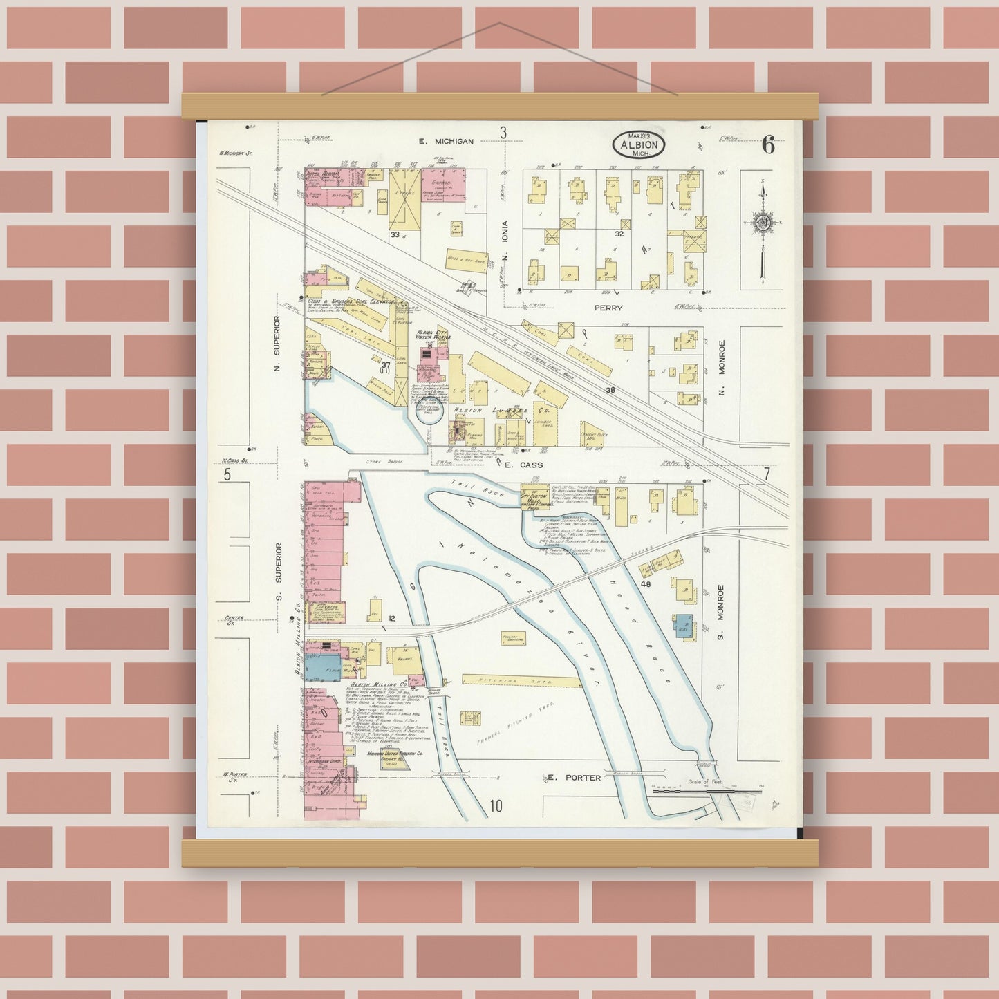 Old map wall art mockup — magnetic wood frame on brick wall — Sanborn Fire Insurance Map from Albion, Calhoun County, Michigan (1913), Sheet #0006