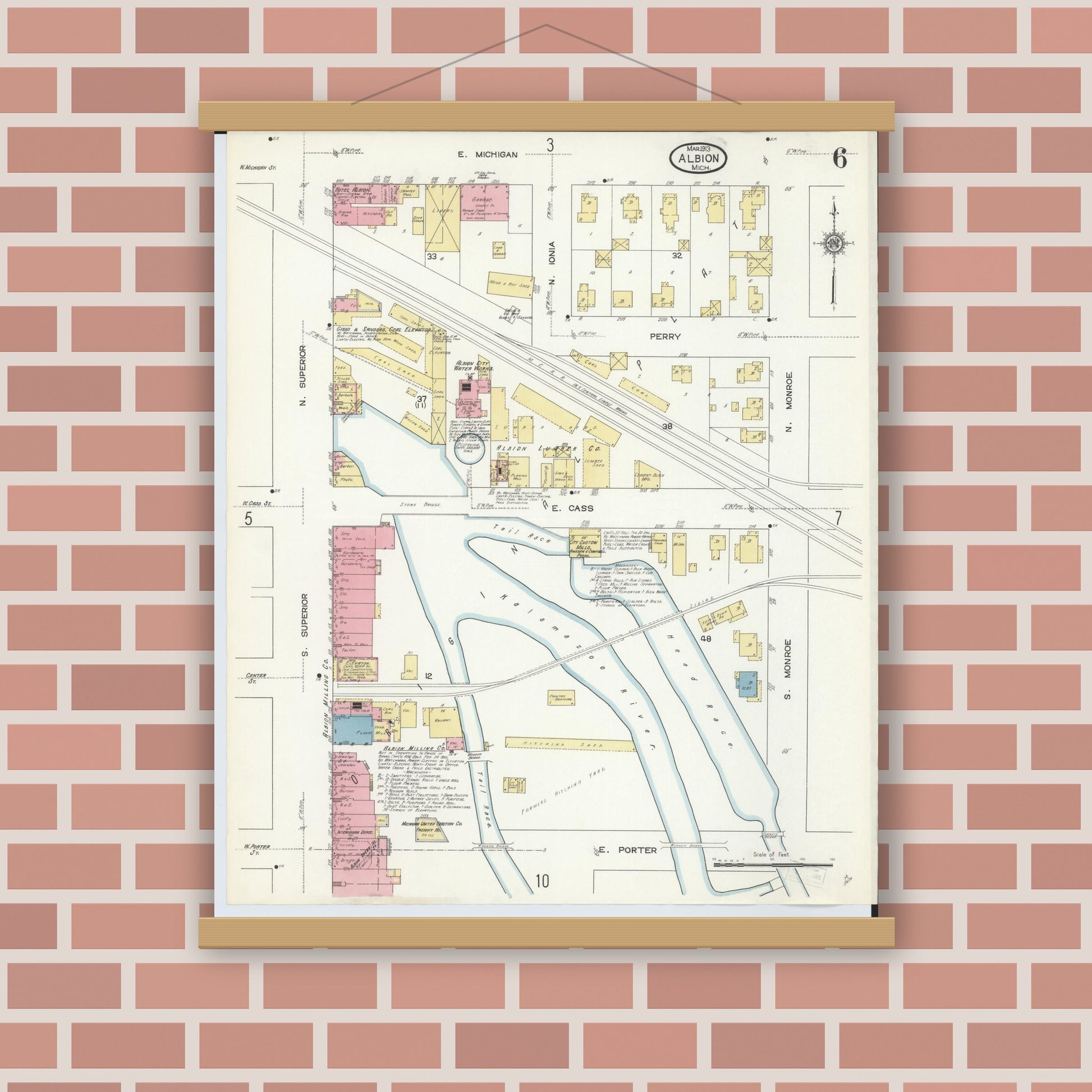 Old map wall art mockup — magnetic wood frame on brick wall — Sanborn Fire Insurance Map from Albion, Calhoun County, Michigan (1913), Sheet #0006