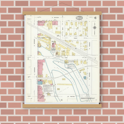 Old map wall art mockup — magnetic wood frame on brick wall — Sanborn Fire Insurance Map from Albion, Calhoun County, Michigan (1913), Sheet #0006