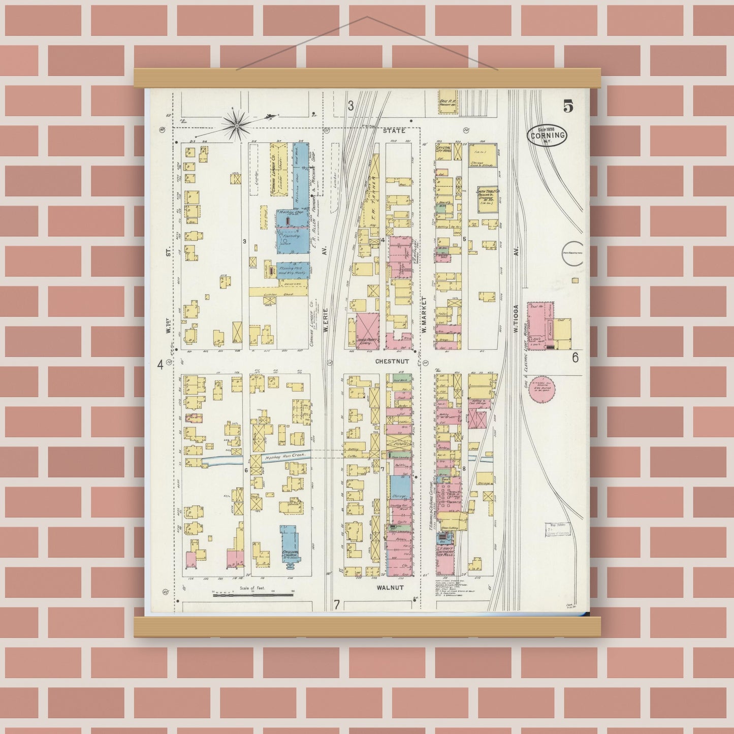 Old map wall art mockup — magnetic wood frame on brick wall — Sanborn Fire Insurance Map from Corning, Steuben County, New York (1898), Sheet #0005