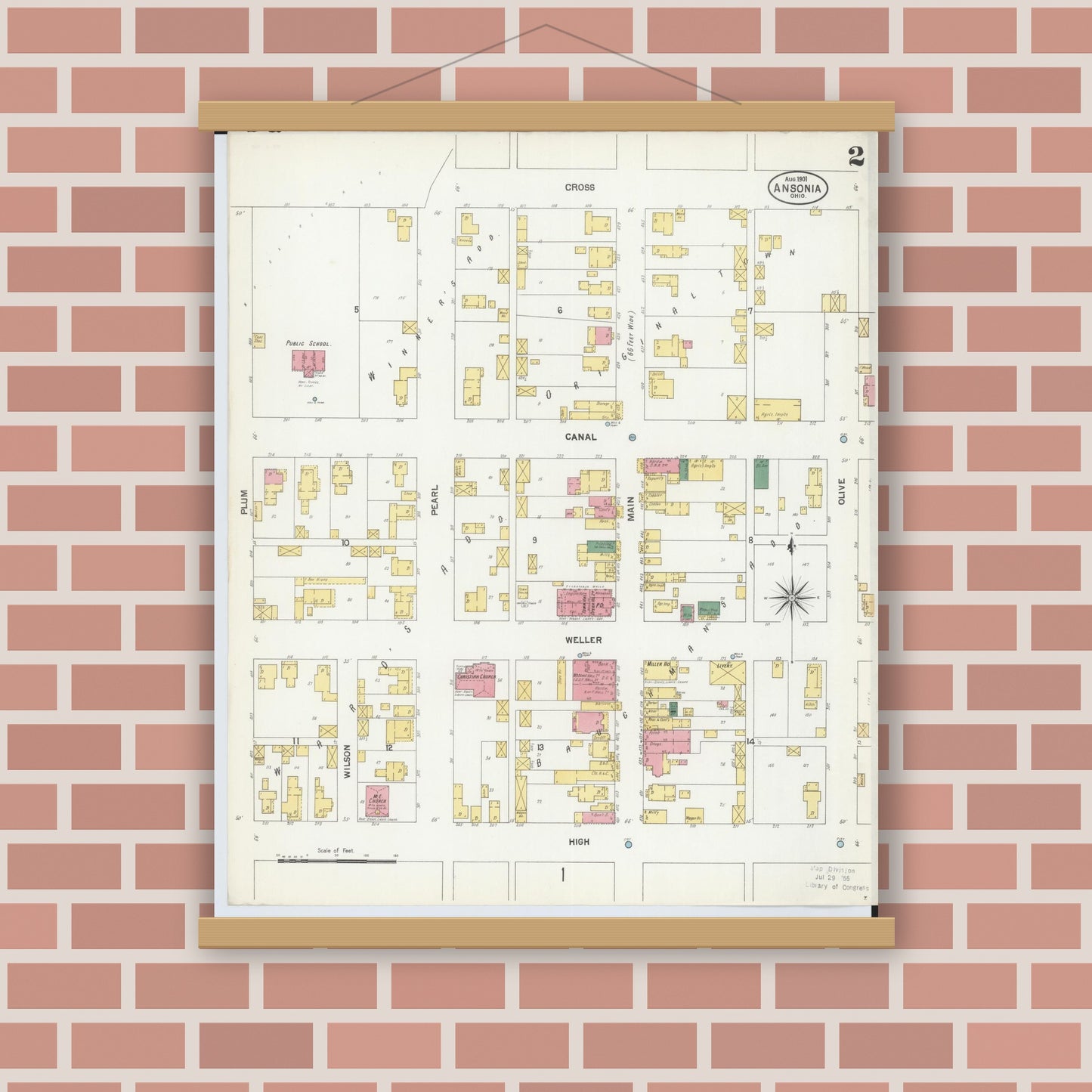 Old map wall art mockup — magnetic wood frame on brick wall — Sanborn Fire Insurance Map from Ansonia, Darke County, Ohio (1901), Sheet #0002
