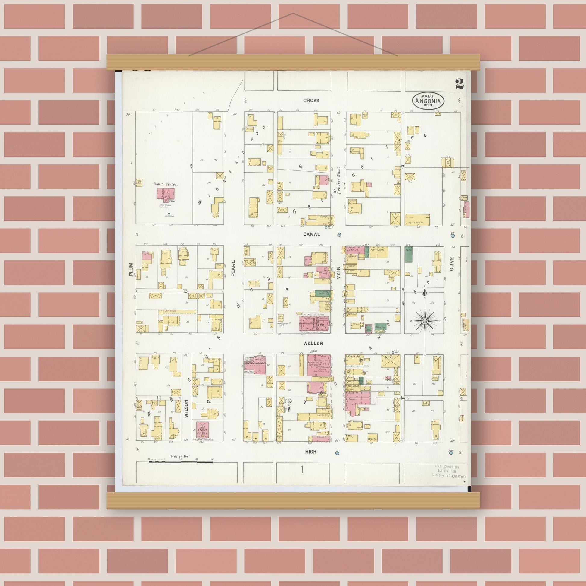 Old map wall art mockup — magnetic wood frame on brick wall — Sanborn Fire Insurance Map from Ansonia, Darke County, Ohio (1901), Sheet #0002