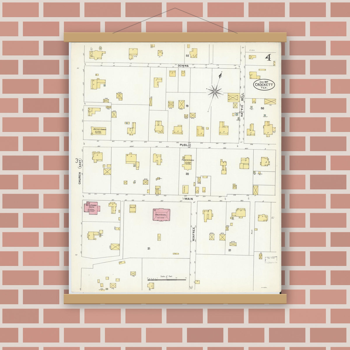 Old map wall art mockup — magnetic wood frame on brick wall — Sanborn Fire Insurance Map from Crockett, Houston County, Texas (1907), Sheet #0004