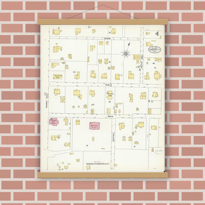 Old map wall art mockup — magnetic wood frame on brick wall — Sanborn Fire Insurance Map from Crockett, Houston County, Texas (1907), Sheet #0004